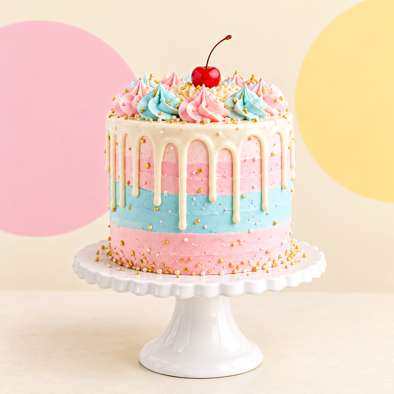 Pastel pink and blue layer cake with a cherry on top