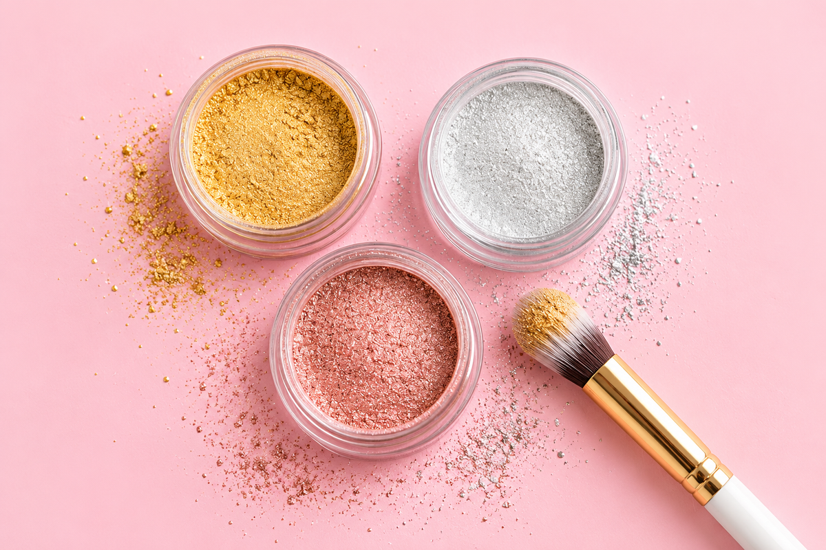 Jars of gold, silver and rose gold lustre dust with a brush