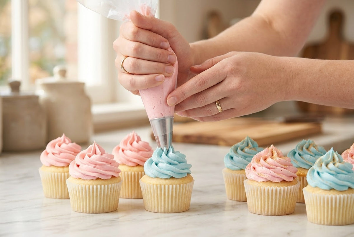 Piping buttercream onto cupcakes with a steel piping tip